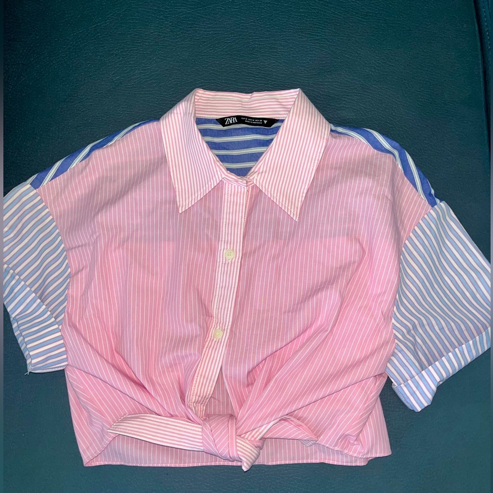 Cropped Striped Button-Down Waist Knot